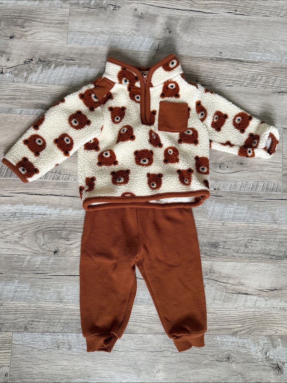 Petit Lem Cream Sherpa Pajama Set with Brown Bear Faces